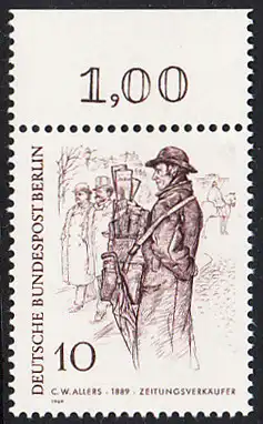 BERLIN 1969 Michel-Nummer 331 postfrisch EINZELMARKE RAND oben (a) - Berliner des 19. Jahrhunderts: Zeitungsverkäufer