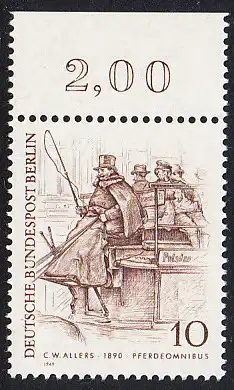 BERLIN 1969 Michel-Nummer 332 postfrisch EINZELMARKE RAND oben (b) - Berliner des 19. Jahrhunderts: Pferdeomnibus