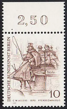 BERLIN 1969 Michel-Nummer 332 postfrisch EINZELMARKE RAND oben (c) - Berliner des 19. Jahrhunderts: Pferdeomnibus