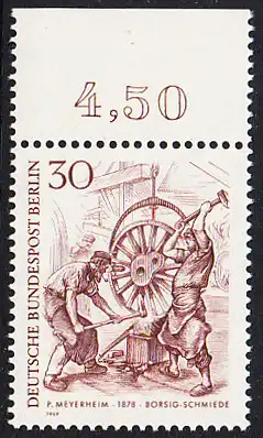 BERLIN 1969 Michel-Nummer 335 postfrisch EINZELMARKE RAND oben (b) - Berliner des 19. Jahrhunderts: Borsigschmiede