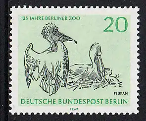 BERLIN 1969 Michel-Nummer 339 postfrisch EINZELMARKE - Berliner Zoo: Krauskopf-Pelikan-Familie
