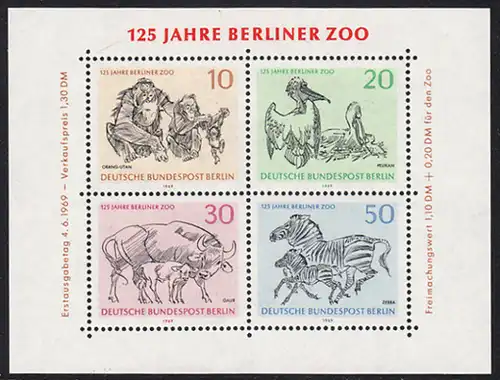 BERLIN 1969 Michel-Nummer 338-341 postfrisch KLEINBOGEN(4) - 125 Jahre Berliner Zoo