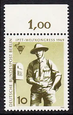 BERLIN 1969 Michel-Nummer 342 postfrisch EINZELMARKE RAND oben - Weltkongress des Personals der Post-, Telegrafen- und Telefonbetriebe (IPTT), Berlin: Briefträger (Australien)