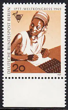BERLIN 1969 Michel-Nummer 343 postfrisch EINZELMARKE RAND unten - Weltkongress des Personals der Post-, Telegrafen- und Telefonbetriebe (IPTT), Berlin: Telefonistin (Afrika)