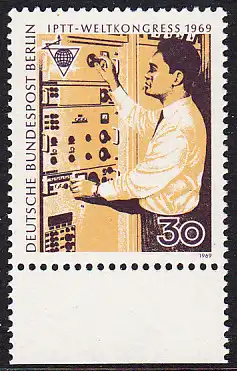 BERLIN 1969 Michel-Nummer 344 postfrisch EINZELMARKE RAND unten - Weltkongress des Personals der Post-, Telegrafen- und Telefonbetriebe (IPTT), Berlin: Fernmelde-Techniker (Asien)
