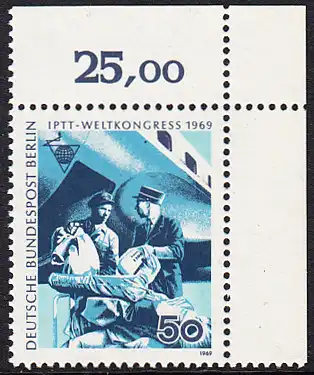 BERLIN 1969 Michel-Nummer 345 postfrisch EINZELMARKE ECKRAND oben rechts - Weltkongress des Personals der Post-, Telegrafen- und Telefonbetriebe (IPTT), Berlin: Luftpost-Verladekräfte (Schweiz)