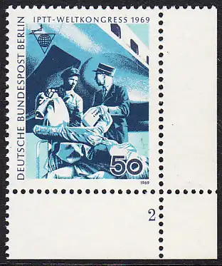 BERLIN 1969 Michel-Nummer 345 postfrisch EINZELMARKE ECKRAND unten rechts (m/ Formnummer) - Weltkongress des Personals der Post-, Telegrafen- und Telefonbetriebe (IPTT), Berlin: Luftpost-Verladekräfte (Schweiz)