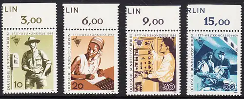 BERLIN 1969 Michel-Nummer 342-345 postfrisch SATZ(4) EINZELMARKEN RÄNDER oben (f) - Weltkongress des Personals der Post-, Telegrafen- und Telefonbetriebe (IPTT), Berlin: Briefträger (Australien)