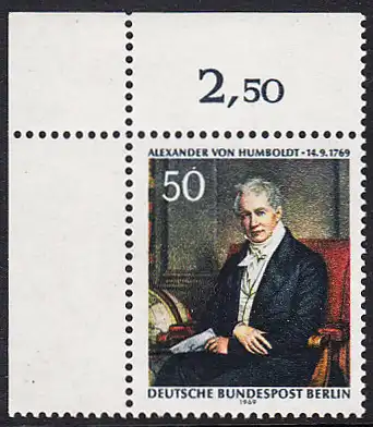 BERLIN 1969 Michel-Nummer 346 postfrisch EINZELMARKE ECKRAND oben links - Alexander Freiherr von Humboldt, Naturforscher und Gelehrter