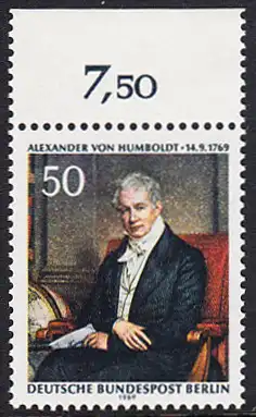 BERLIN 1969 Michel-Nummer 346 postfrisch EINZELMARKE RAND oben (b) - Alexander Freiherr von Humboldt, Naturforscher und Gelehrter