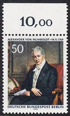 BERLIN 1969 Michel-Nummer 346 postfrisch EINZELMARKE RAND oben (c) - Alexander Freiherr von Humboldt, Naturforscher und Gelehrter