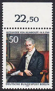 BERLIN 1969 Michel-Nummer 346 postfrisch EINZELMARKE RAND oben (k) - Alexander Freiherr von Humboldt, Naturforscher und Gelehrter