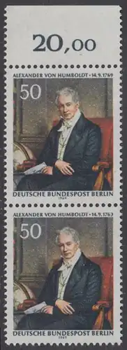 BERLIN 1969 Michel-Nummer 346 postfrisch vert.PAAR RAND oben (g) - Alexander Freiherr von Humboldt, Naturforscher und Gelehrter