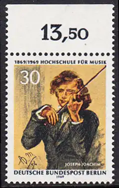 BERLIN 1969 Michel-Nummer 347 postfrisch EINZELMARKE RAND oben (k) - Hochschule für Musik Berlin, Joseph Joachim, 1. Direktor der Schule