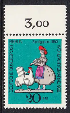 BERLIN 1969 Michel-Nummer 349 postfrisch EINZELMARKE RAND oben (a) - Zinnfiguren: Bäuerin
