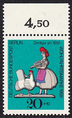 BERLIN 1969 Michel-Nummer 349 postfrisch EINZELMARKE RAND oben (b) - Zinnfiguren: Bäuerin