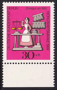 BERLIN 1969 Michel-Nummer 350 postfrisch EINZELMARKE RAND unten - Zinnfiguren: Marktfrau