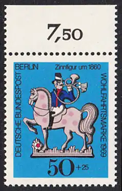 BERLIN 1969 Michel-Nummer 351 postfrisch EINZELMARKE RAND oben (a) - Zinnfiguren: Postreiter