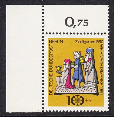 BERLIN 1969 Michel-Nummer 352 postfrisch EINZELMARKE ECKRAND oben links - Weihnachten
