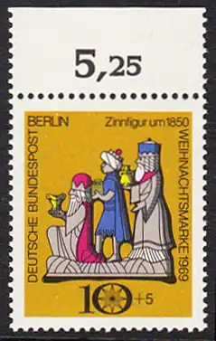 BERLIN 1969 Michel-Nummer 352 postfrisch EINZELMARKE RAND oben (e) - Weihnachten