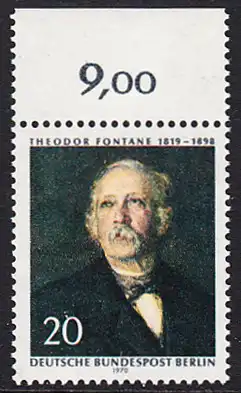 BERLIN 1970 Michel-Nummer 353 postfrisch EINZELMARKE RAND oben (b) - Theodor Fontane, Dichter und Schriftsteller