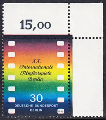 BERLIN 1970 Michel-Nummer 358 postfrisch EINZELMARKE ECKRAND oben rechts - Internationale Filmfestspiele, Berlin