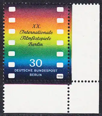 BERLIN 1970 Michel-Nummer 358 postfrisch EINZELMARKE ECKRAND unten rechts - Internationale Filmfestspiele, Berlin