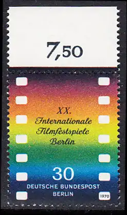 BERLIN 1970 Michel-Nummer 358 postfrisch EINZELMARKE RAND oben (b) - Internationale Filmfestspiele, Berlin