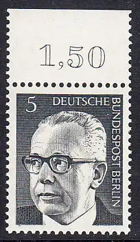 BERLIN 1970 Michel-Nummer 359 postfrisch EINZELMARKE RAND oben (b) - Bundespräsident Dr. Gustav Heinemann