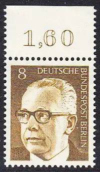 BERLIN 1970 Michel-Nummer 360 postfrisch EINZELMARKE RAND oben (a) - Bundespräsident Dr. Gustav Heinemann