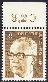 BERLIN 1970 Michel-Nummer 360 postfrisch EINZELMARKE RAND oben (b) - Bundespräsident Dr. Gustav Heinemann