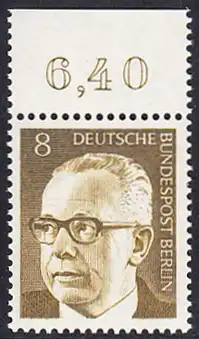 BERLIN 1970 Michel-Nummer 360 postfrisch EINZELMARKE RAND oben (e) - Bundespräsident Dr. Gustav Heinemann