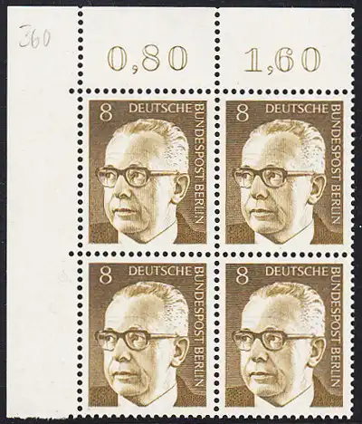 BERLIN 1970 Michel-Nummer 360 postfrisch BLOCK ECKRAND oben links - Bundespräsident Dr. Gustav Heinemann