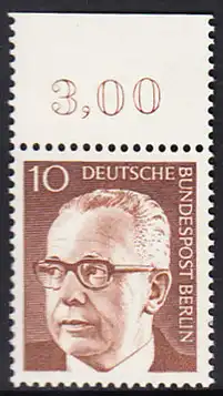 BERLIN 1970 Michel-Nummer 361 postfrisch EINZELMARKE RAND oben (a) - Bundespräsident Dr. Gustav Heinemann