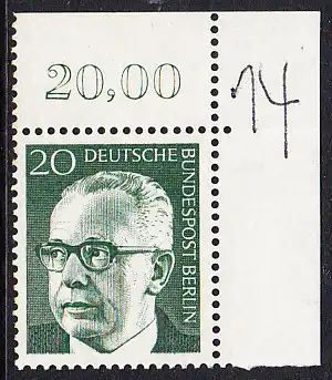 BERLIN 1970 Michel-Nummer 362 postfrisch EINZELMARKE ECKRAND oben rechts - Bundespräsident Dr. Gustav Heinemann