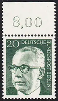 BERLIN 1970 Michel-Nummer 362 postfrisch EINZELMARKE RAND oben (b) - Bundespräsident Dr. Gustav Heinemann