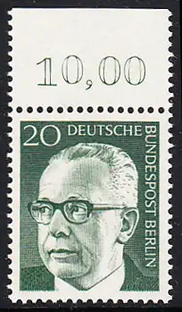 BERLIN 1970 Michel-Nummer 362 postfrisch EINZELMARKE RAND oben (c) - Bundespräsident Dr. Gustav Heinemann