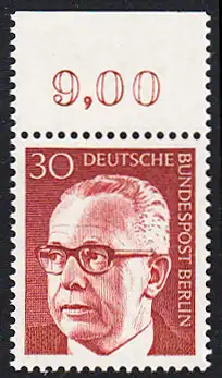 BERLIN 1970 Michel-Nummer 363 postfrisch EINZELMARKE RAND oben (a) - Bundespräsident Dr. Gustav Heinemann