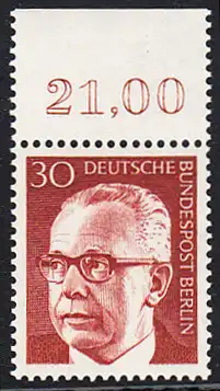 BERLIN 1970 Michel-Nummer 363 postfrisch EINZELMARKE RAND oben (b) - Bundespräsident Dr. Gustav Heinemann