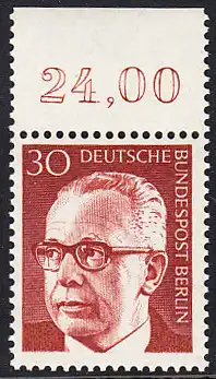 BERLIN 1970 Michel-Nummer 363 postfrisch EINZELMARKE RAND oben (c) - Bundespräsident Dr. Gustav Heinemann