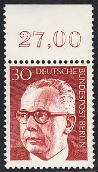 BERLIN 1970 Michel-Nummer 363 postfrisch EINZELMARKE RAND oben (d) - Bundespräsident Dr. Gustav Heinemann