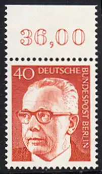 BERLIN 1970 Michel-Nummer 364 postfrisch EINZELMARKE RAND oben (c) - Bundespräsident Dr. Gustav Heinemann