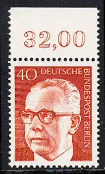 BERLIN 1970 Michel-Nummer 364 postfrisch EINZELMARKE RAND oben (b) - Bundespräsident Dr. Gustav Heinemann