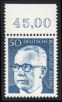 BERLIN 1970 Michel-Nummer 365 postfrisch EINZELMARKE RAND oben - Bundespräsident Dr. Gustav Heinemann