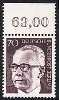 BERLIN 1970 Michel-Nummer 366 postfrisch EINZELMARKE RAND oben - Bundespräsident Dr. Gustav Heinemann