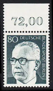 BERLIN 1970 Michel-Nummer 367 postfrisch EINZELMARKE RAND oben (b) - Bundespräsident Dr. Gustav Heinemann