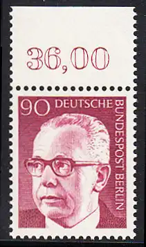 BERLIN 1970 Michel-Nummer 368 postfrisch EINZELMARKE RAND oben (b) - Bundespräsident Dr. Gustav Heinemann