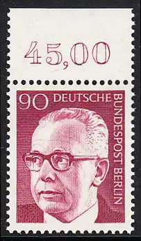 BERLIN 1970 Michel-Nummer 368 postfrisch EINZELMARKE RAND oben (c) - Bundespräsident Dr. Gustav Heinemann