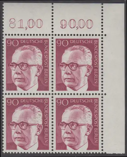BERLIN 1970 Michel-Nummer 368 postfrisch BLOCK ECKRAND oben rechts - Bundespräsident Dr. Gustav Heinemann