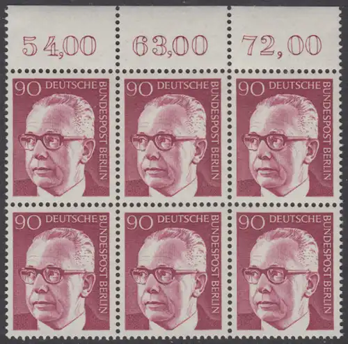 BERLIN 1970 Michel-Nummer 368 postfrisch horiz.BLOCK(6) RÄNDER oben - Bundespräsident Dr. Gustav Heinemann